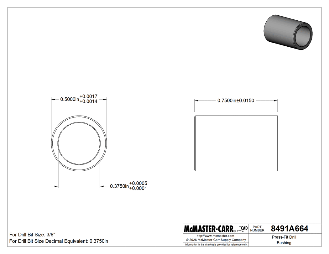 Technical Drawing of Press-Fit Drill Bushing, 0.375" ID, 1/2" OD, 3/4" Long.